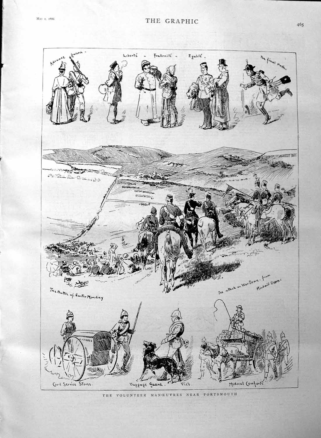 Original Old Antique Print 1886 Volunteer Siers Manoeuvres Portsmouth Horses