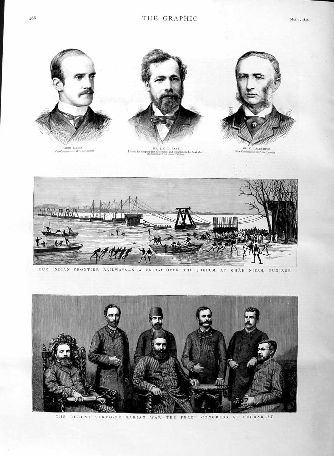 Old Antique Print 1886 War Congress Bucharest Bridge Jhelum Elcho Durant 19th