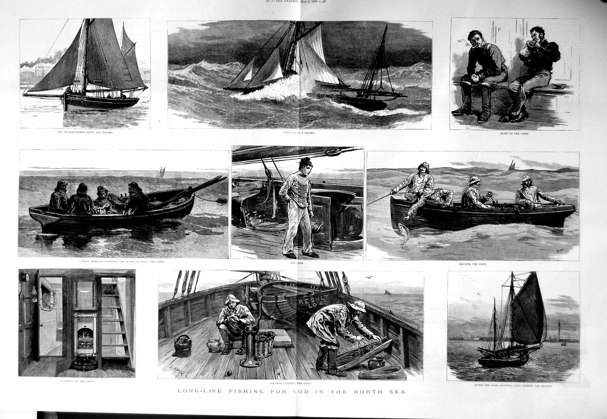 Antique Old Print 1886 North Sea Fishing Boats Grimbsy Fish Baiting Lines 19th