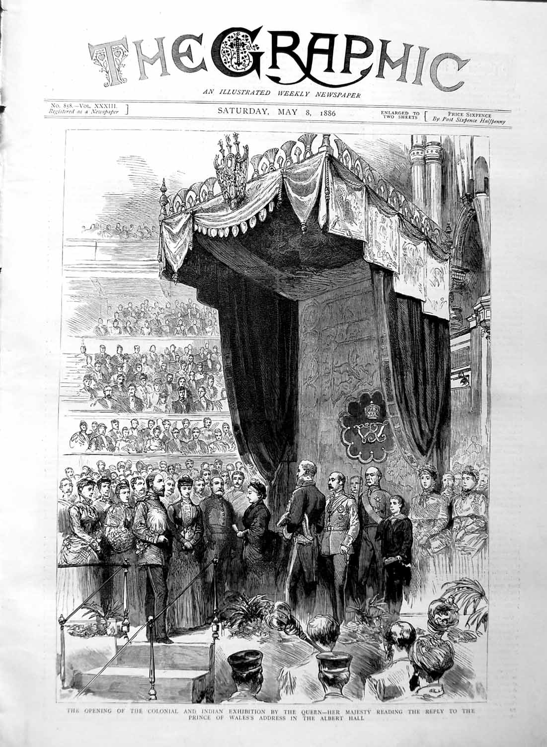 Old Antique Print 1886 Colonial Exhibition Queen Prince Wales Albert Hall 19th