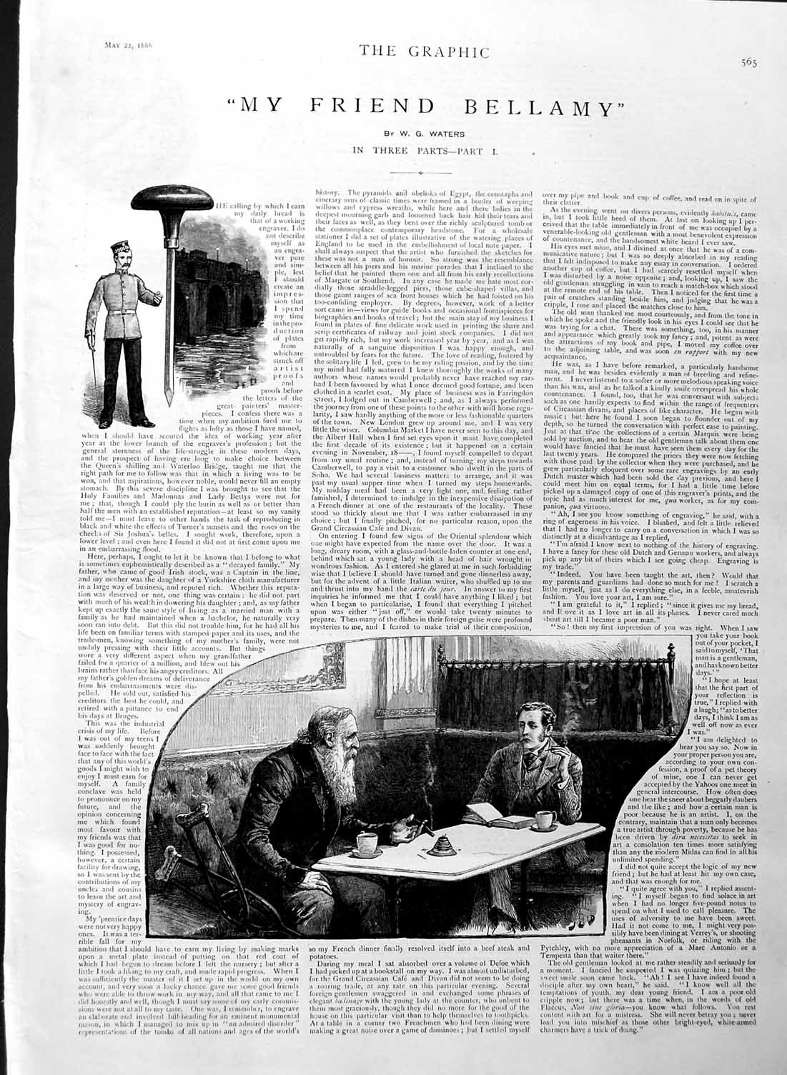 Original Old Antique Print 1886 Illustration Story Friend Bellamy Men House Art