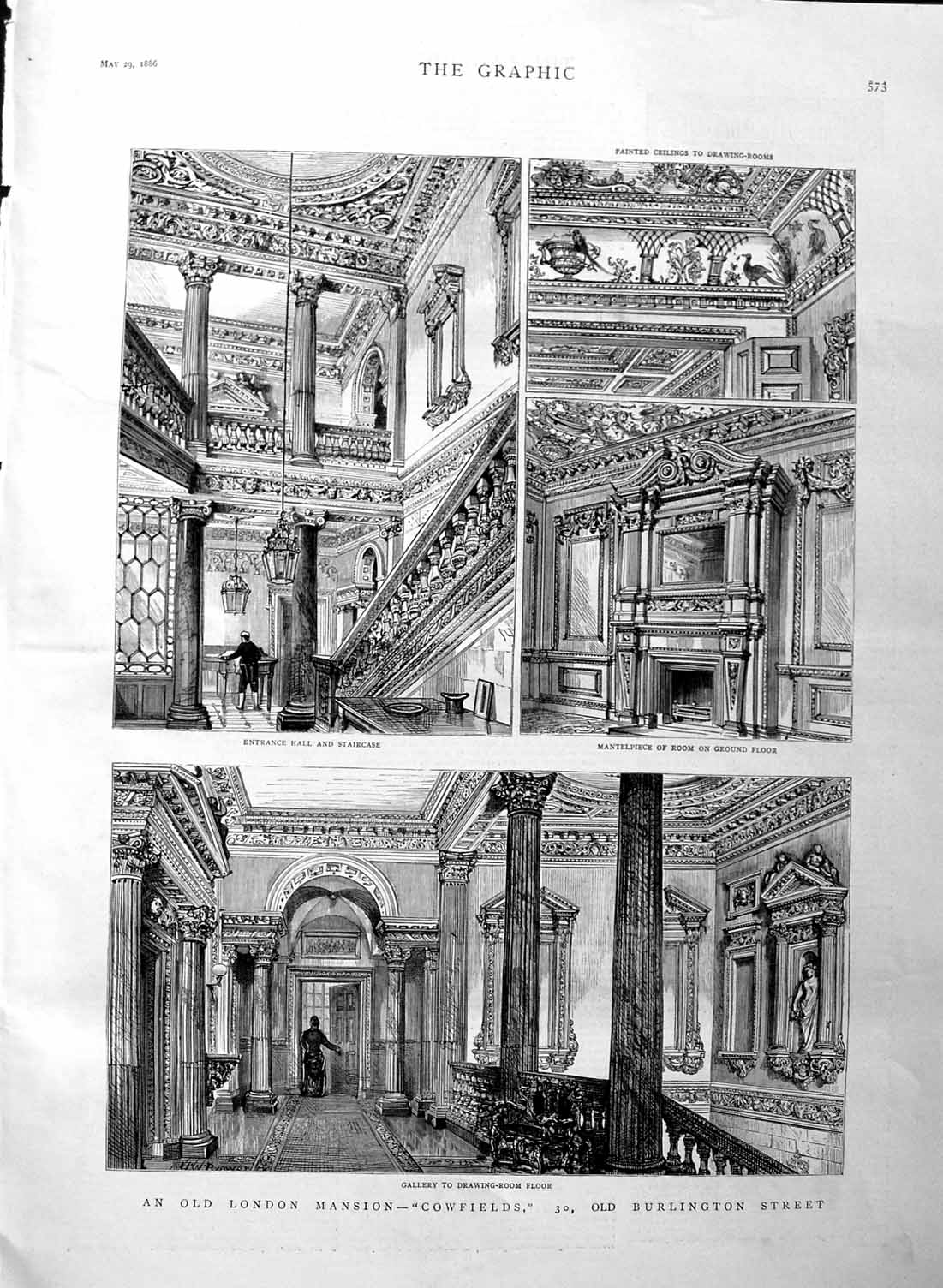 Original Old Antique Print 1886 London Mansion Cowfields Burlington Street 19th