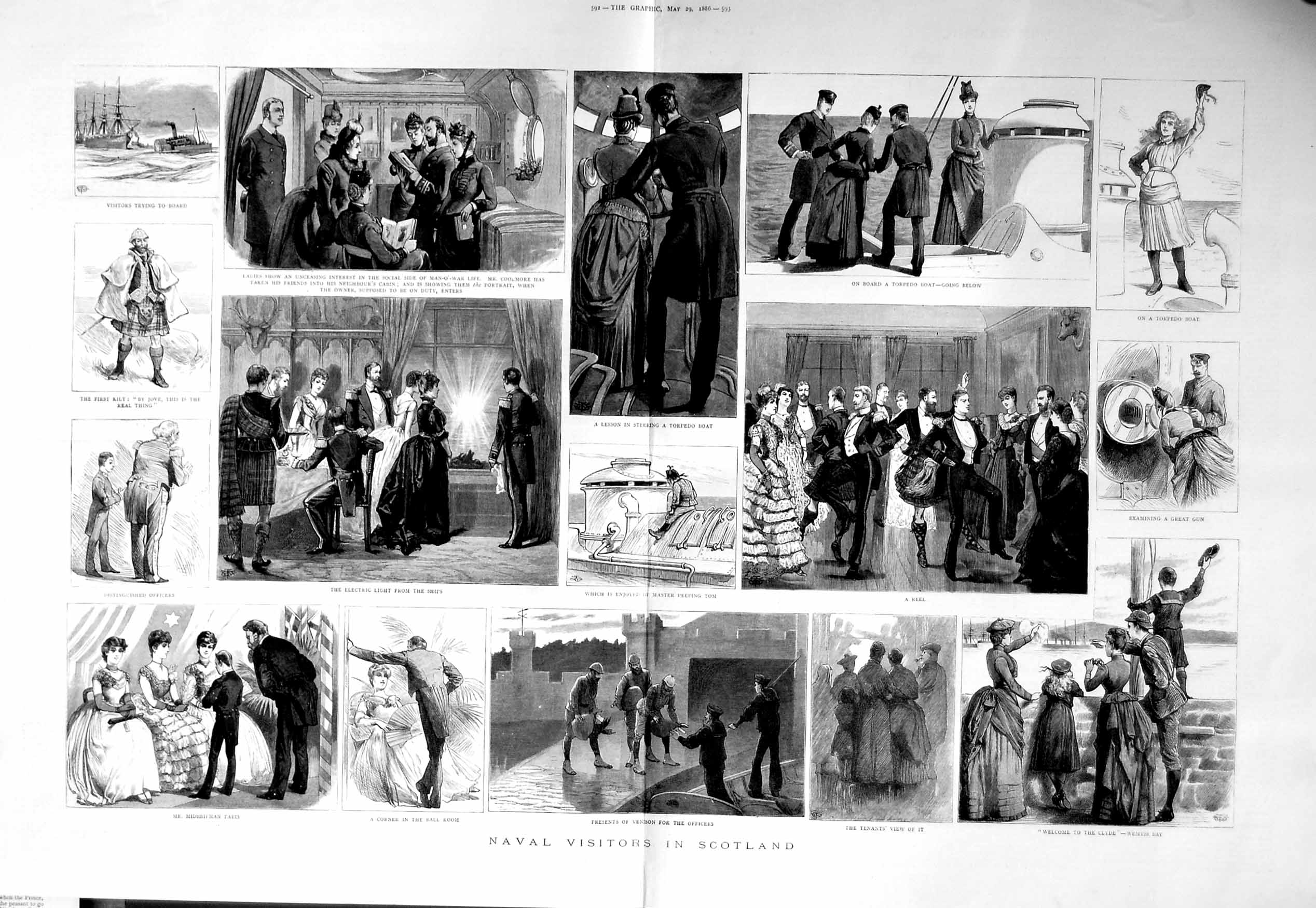 Old Antique Print 1886 Naval Visitors Scotland Torpedo Boat Kilt Clyde 19th