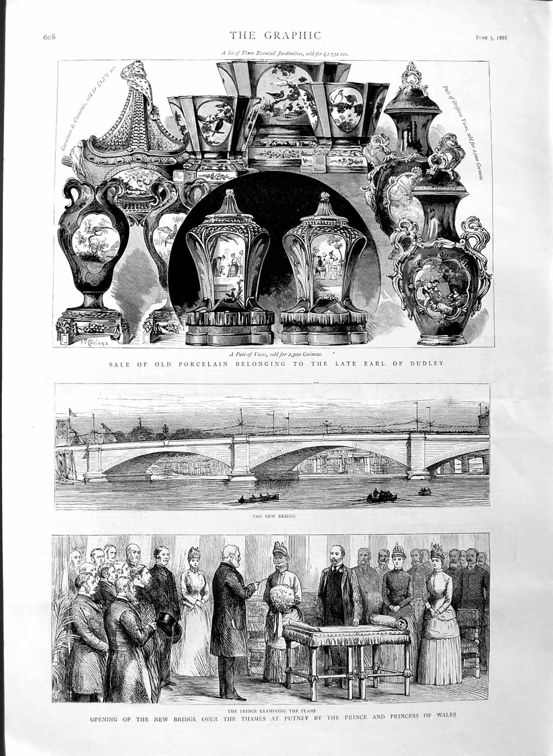 Original Old Antique Print 1886 Sale Porcelain Earl Dudley Bridge Thames Putney