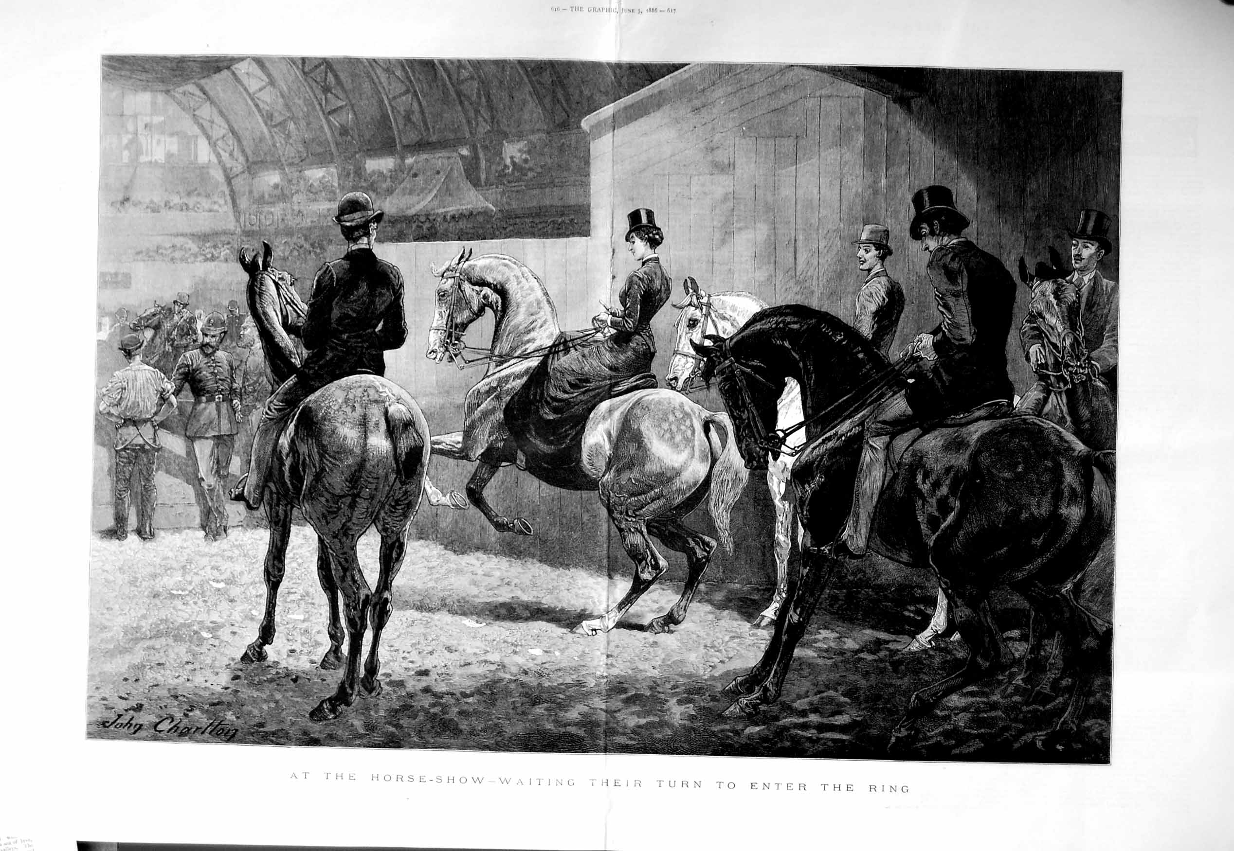 Original Old Antique Print 1886 Horse Show Waiting Area Riders Damaged F 19th