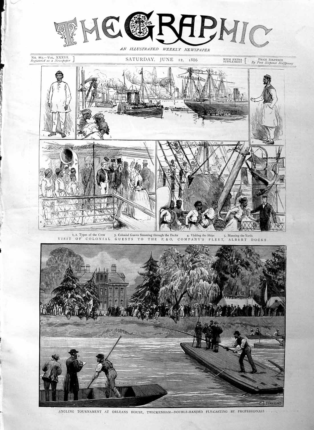 Original Old Antique Print 1886 Fly Fishing Twickenham P & O Ship Albert Docks
