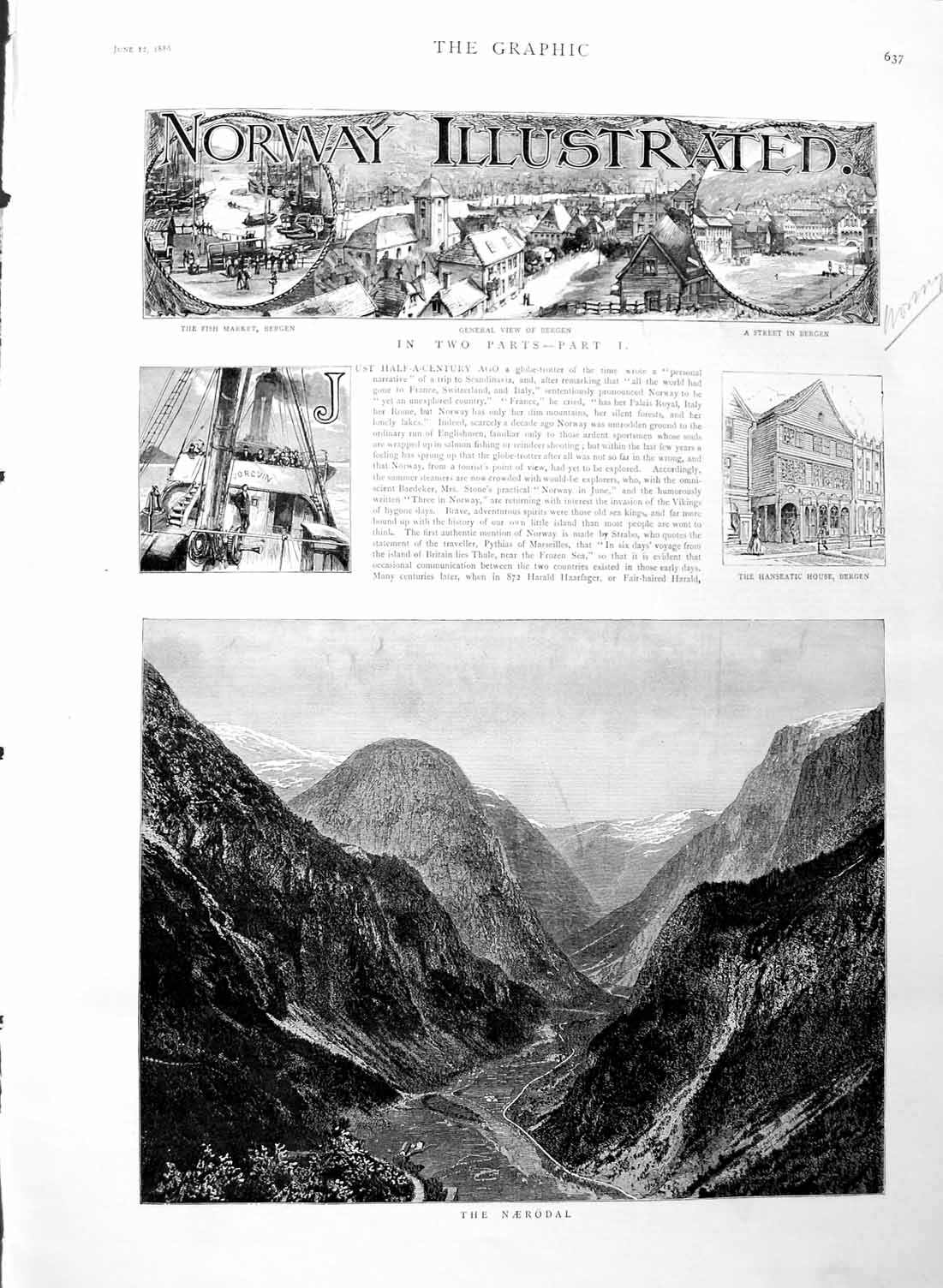 Original Old Antique Print 1886 Norway Naerodal Hardanger Borgund Fjord 19th