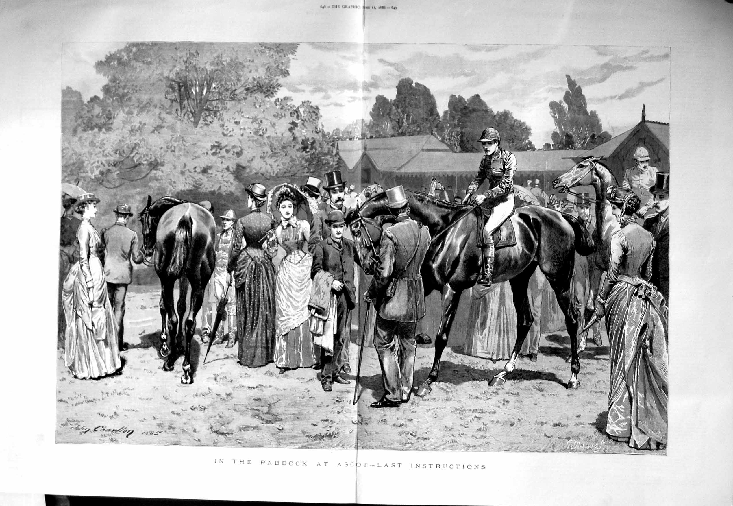 Original Old Antique Print 1886 Horse Racing Paddock Ascot Jockeys Fine Art