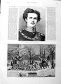 Original Old Antique Print 1886 King Ludwig King Bavaria Snow Sledge Ho 19th