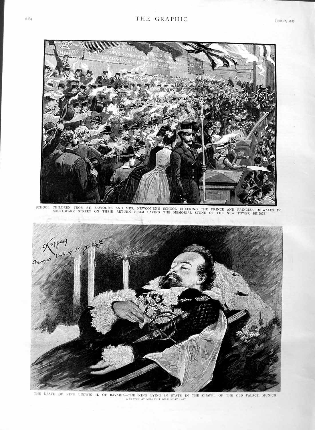 Original Old Antique Print 1886 Death King Ludwig Bavaria Munich Childre 19th