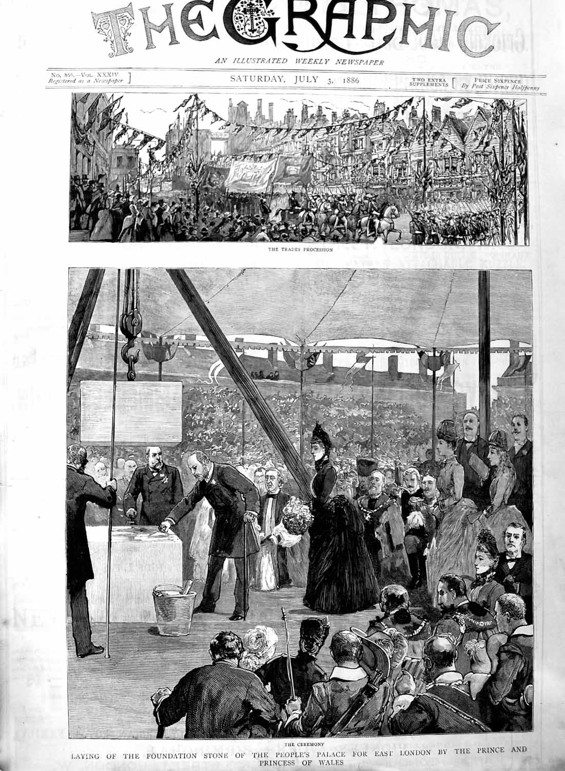 Original Old Antique Print 1886 Foundation Stone People'S Palace London Prince