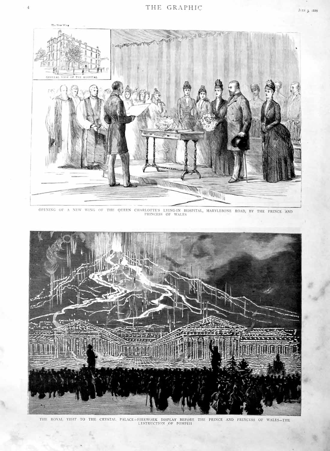 Old Antique Print 1886 Crystal Palace Fireworks Hospital Marylebone Queen 19th