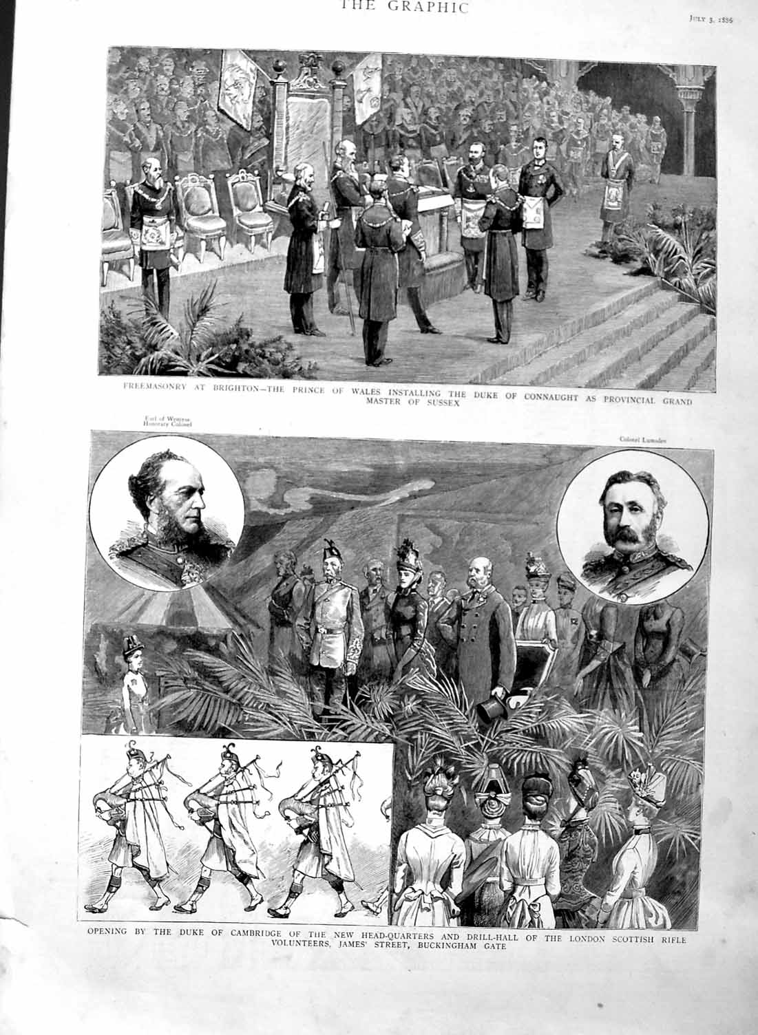 Old Antique Print 1886 Duke Cambridge London Rifle Volunteers Freemasons 19th