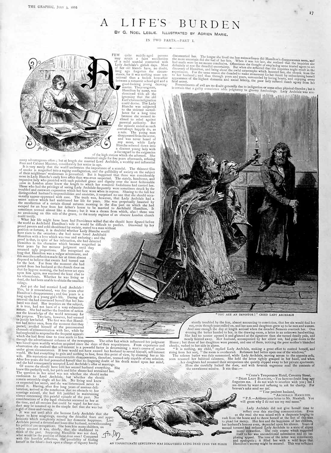 Original Old Antique Print 1886 Illustration Story Life'S Burden Dead Man Lady