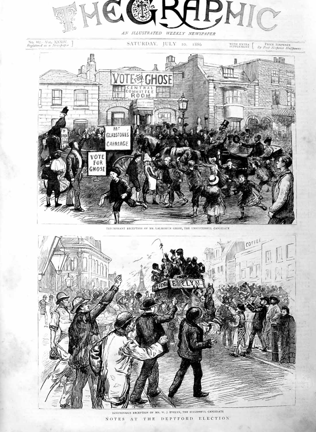 Old Antique Print 1886 Deptford Election Lalmohum Ghose Evelyn Gladstone 19th