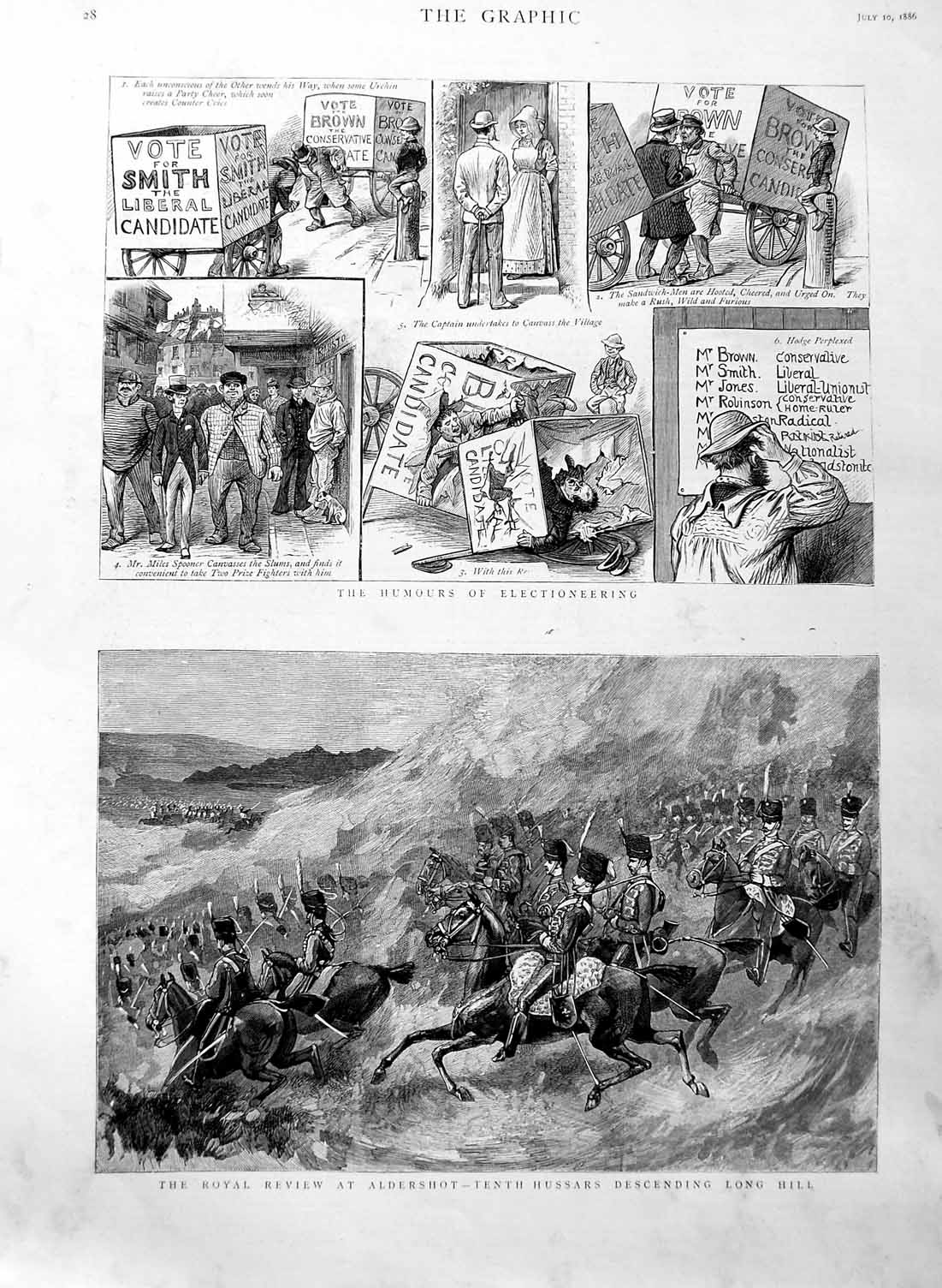 Original Old Antique Print 1886 Royal Review Aldershot Hussars Election Homours