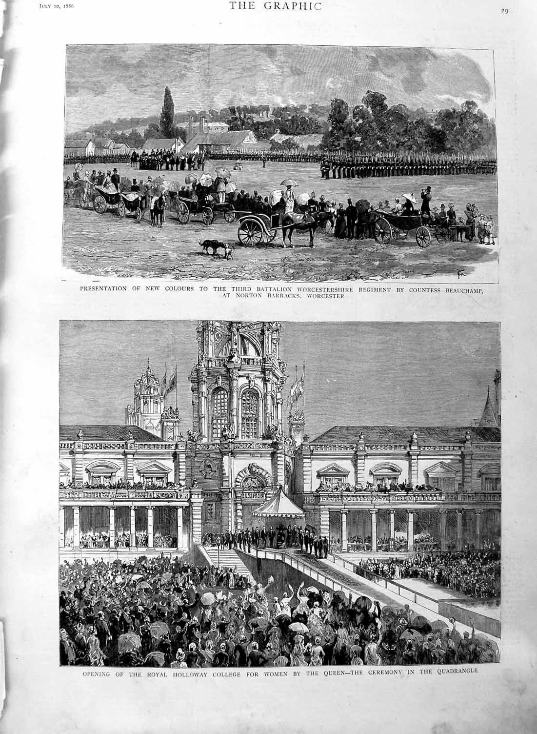 Original Old Antique Print 1886 Holloway College Queen Worcestershire Siers
