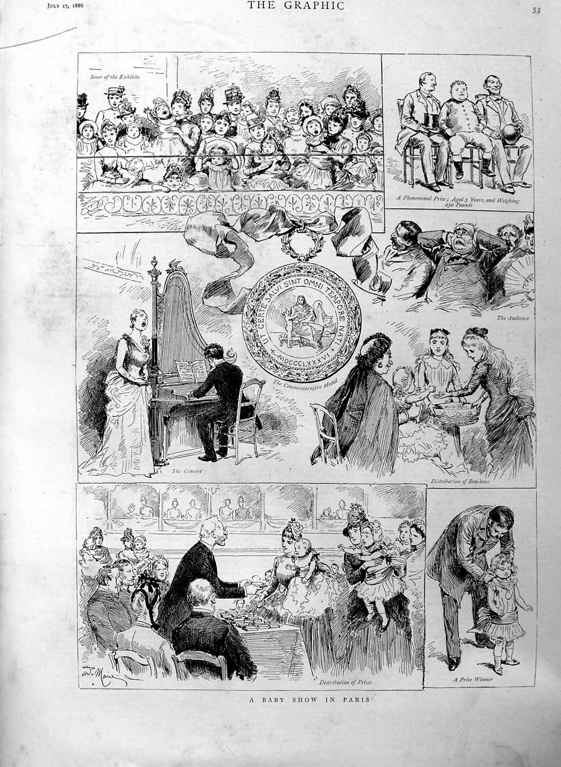 Original Old Antique Print 1886 Baby Show Paris France Concert Children 19th