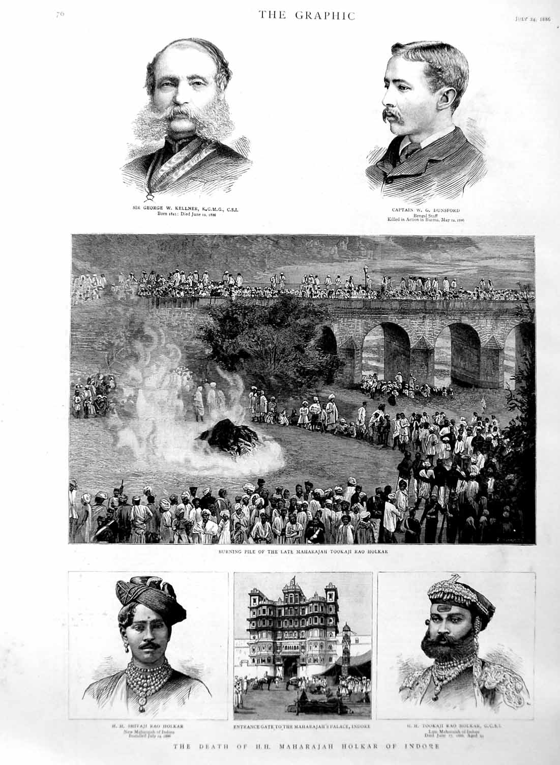 Original Old Antique Print 1886 Death Maharajah Holkar Indore Kellner Dunsford