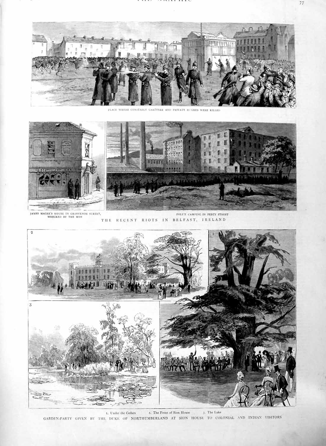 Original Old Antique Print 1886 Party Sion Duke Northumberland Riots Victorian