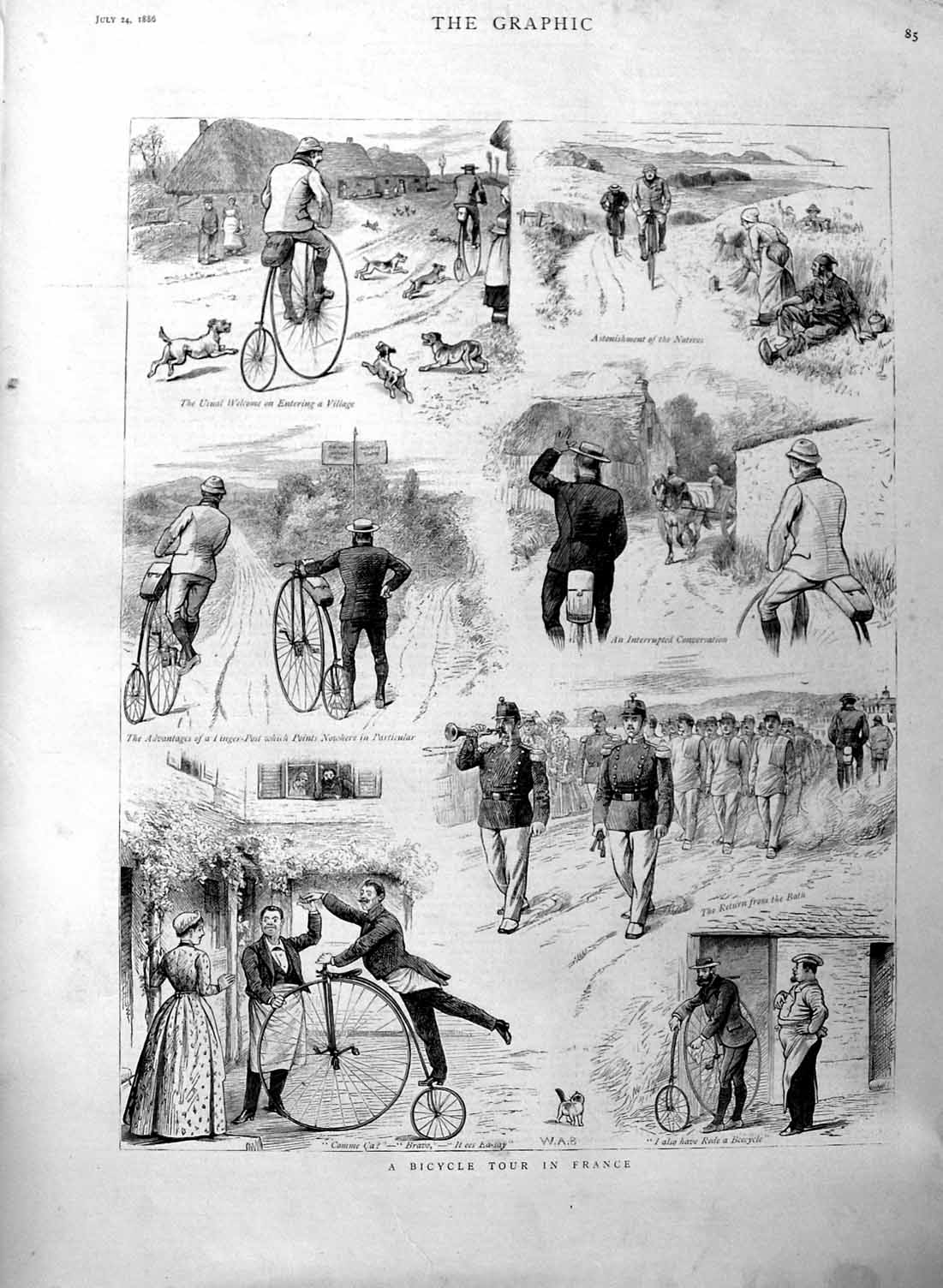 Original Old Antique Print 1886 Bicycle Tour France Dog 19th Century