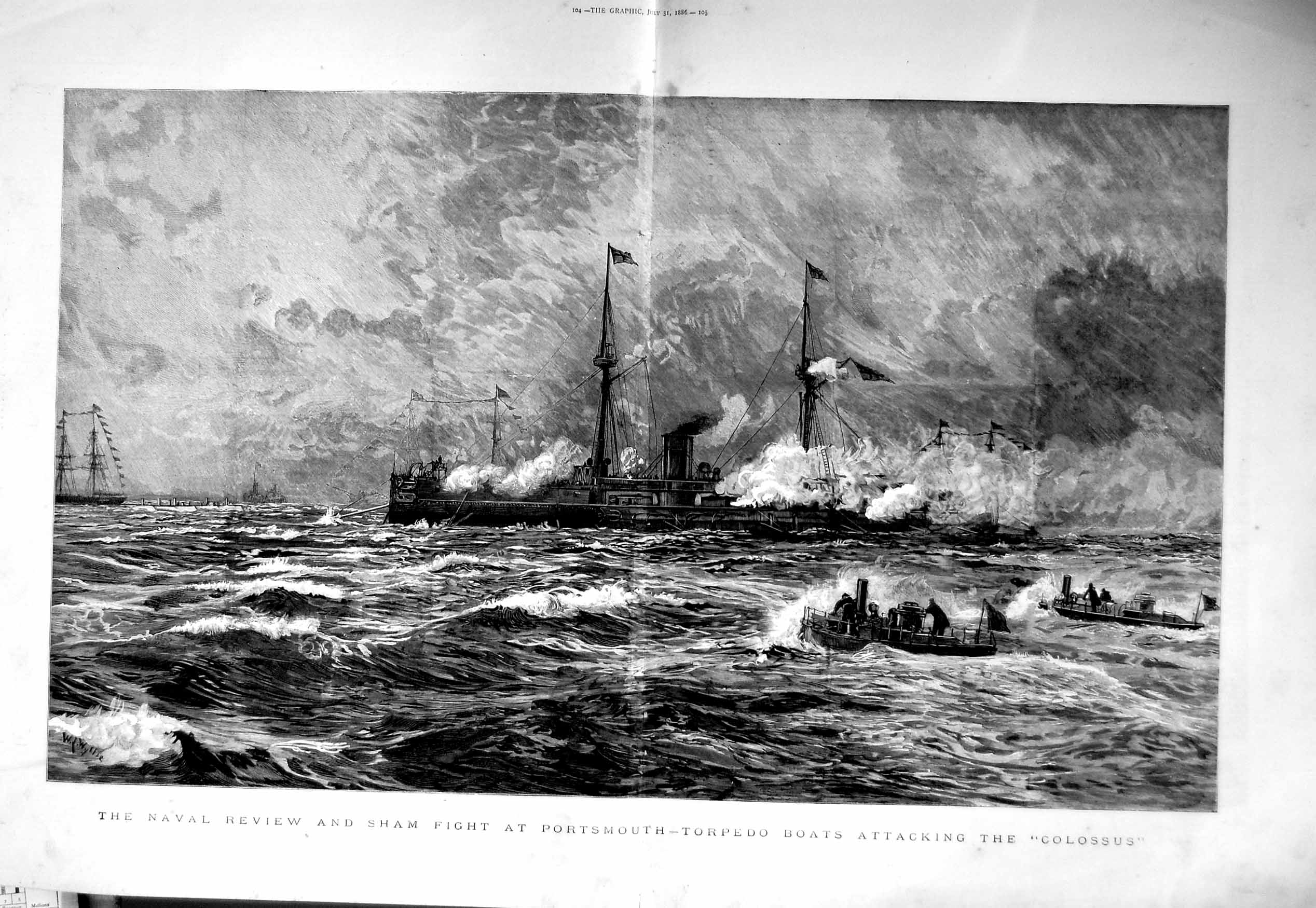Old Antique Print 1886 Naval Review Sham Fight Portsmouth Colossus Ships 19th