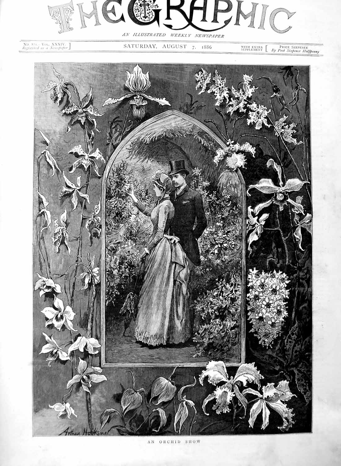 Original Old Antique Print 1886 Fine Art Orchid Flower Show Man Lady Romance