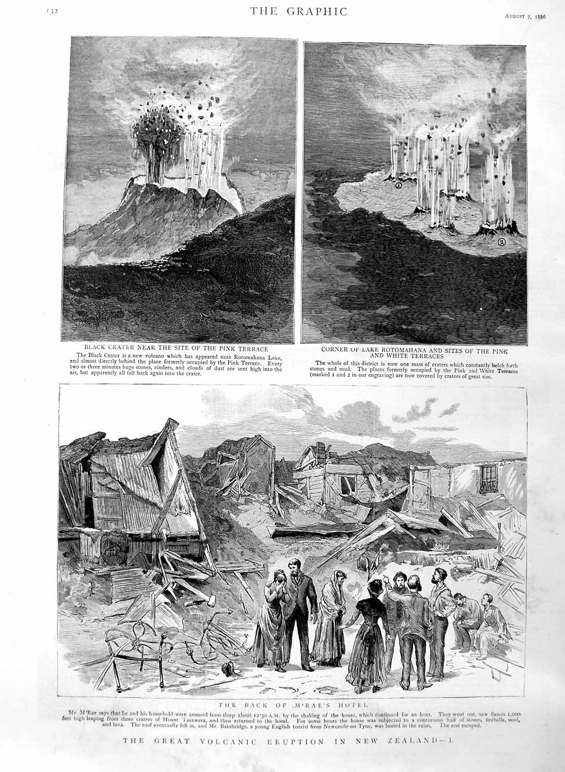 Original Old Antique Print 1886 Volcano New Zealand Rotomahana Tarawer Victorian