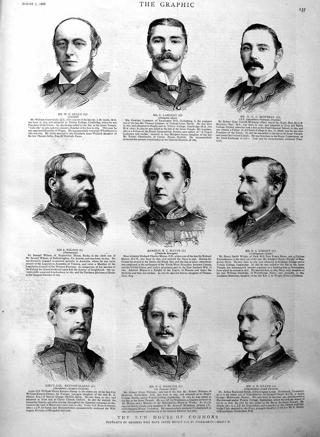 Original Old Antique Print 1886 Parliament Webster Lambert Mayne Wright Wilson