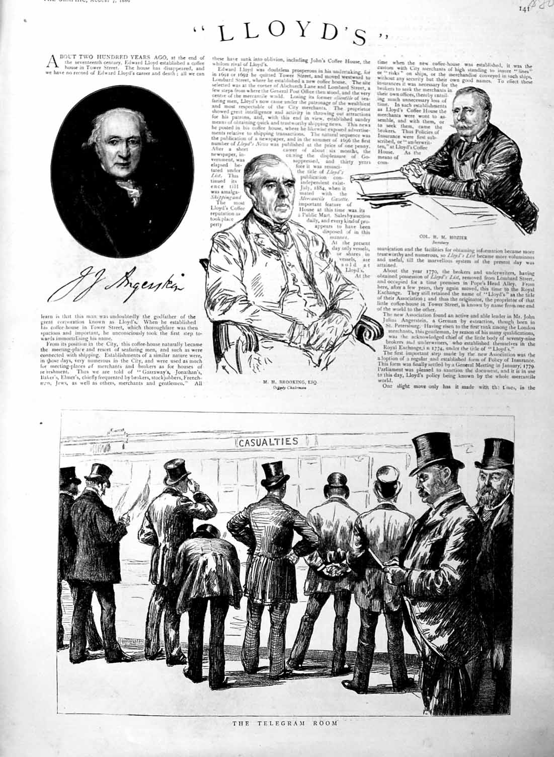 Original Old Antique Print 1886 Lloyds Hozier Brooking Telegraph Room Lutin 19th