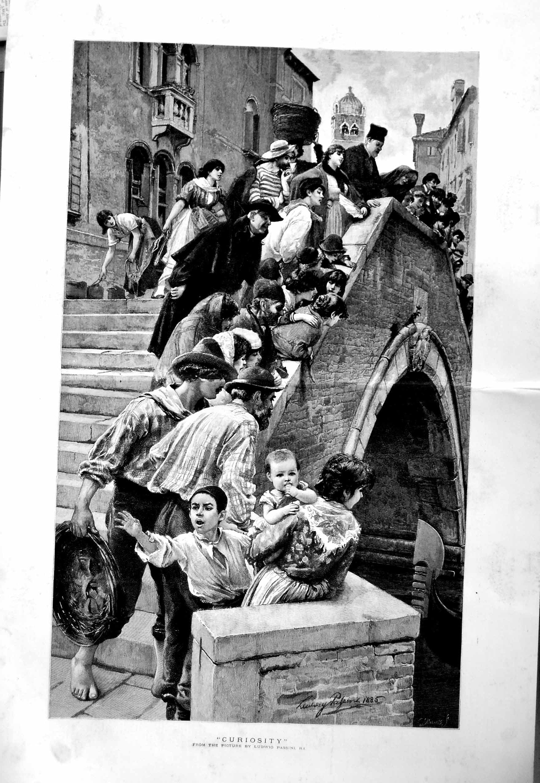 Original Old Antique Print 1886 Ludwig Passini Fine Art Children People Bridge