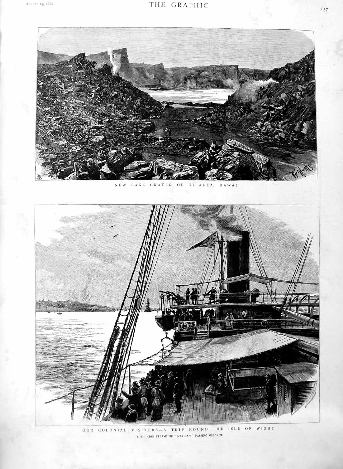Old Antique Print 1886 Lake Crater Kilauea Hawaii Isle Wight Mexican Ship 19th