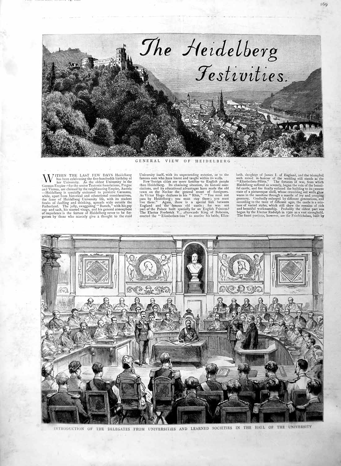 Original Old Antique Print 1886 Heidelberg University Church Holy Ghost Castle