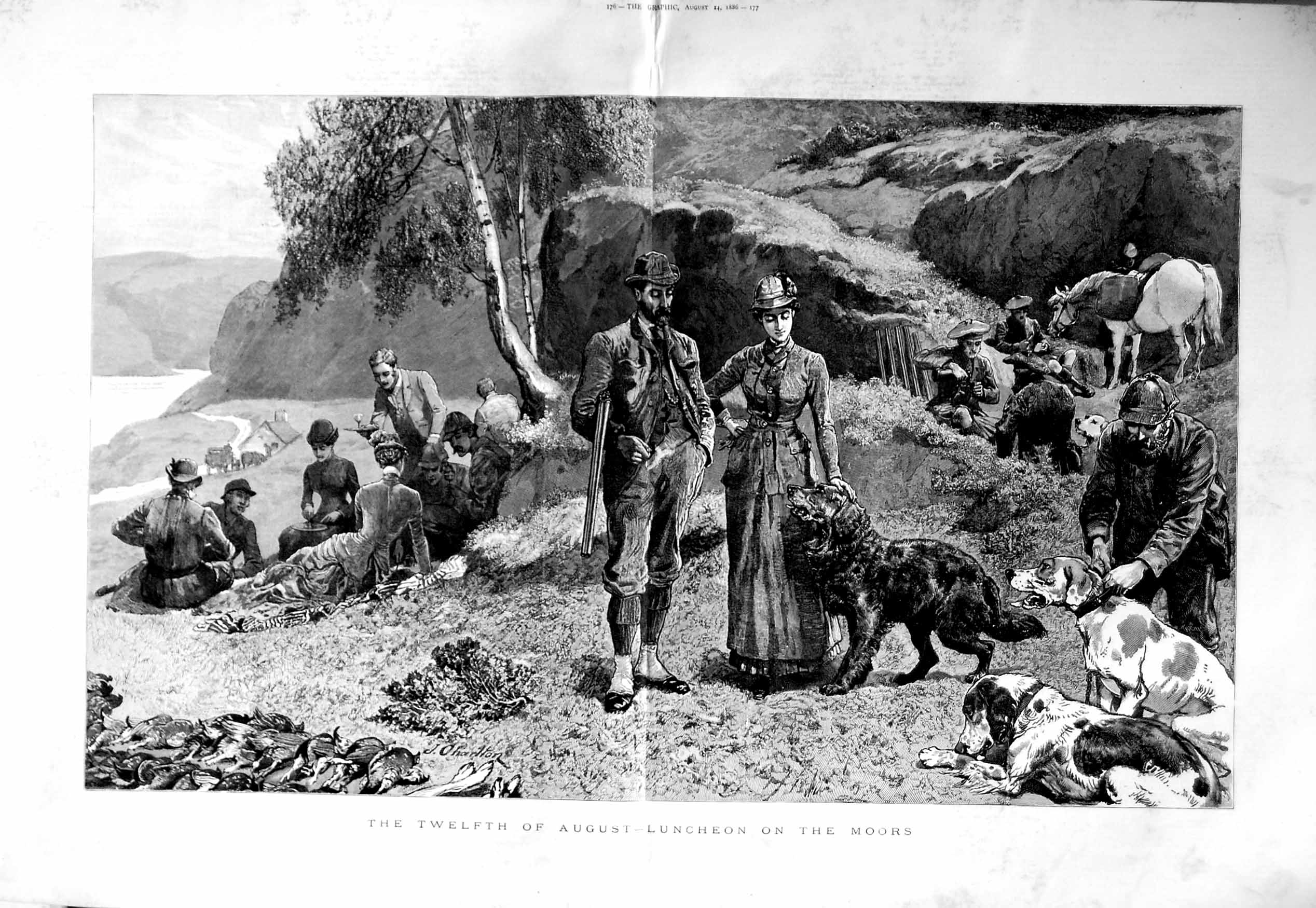 Original Old Antique Print 1886 Twelfth August Moors Shooting Hunting Victorian