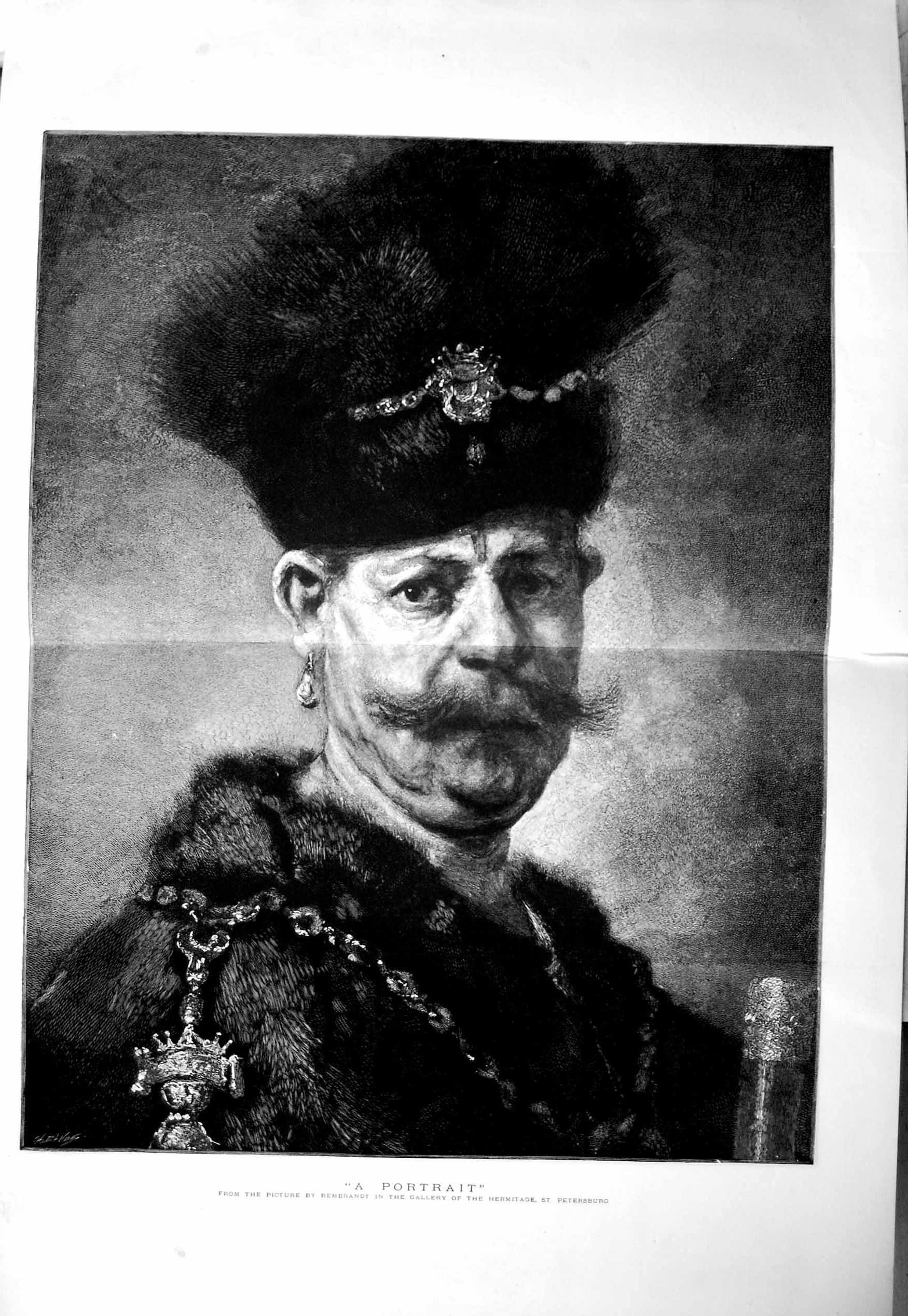 Original Old Antique Print 1886 Fine Art Portrait Man Rembrandt Petersburg