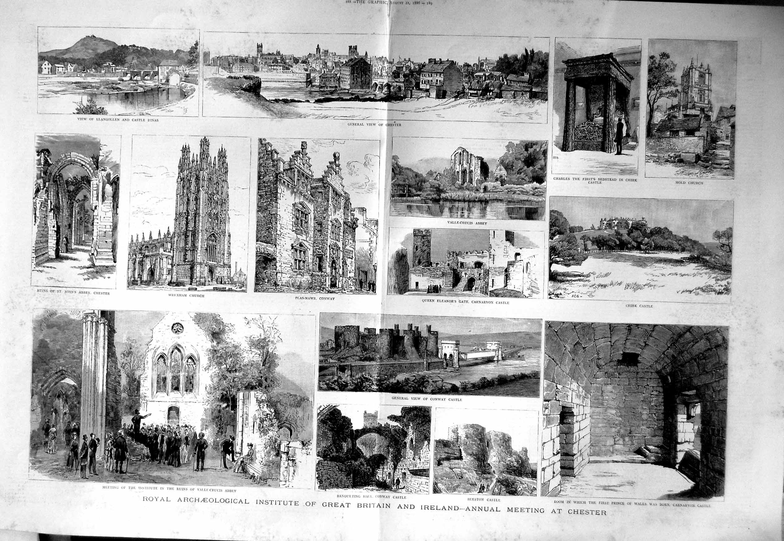 Old Antique Print 1886 Conway Castle Carnarvon Archaeology Abbey Chirk 19th