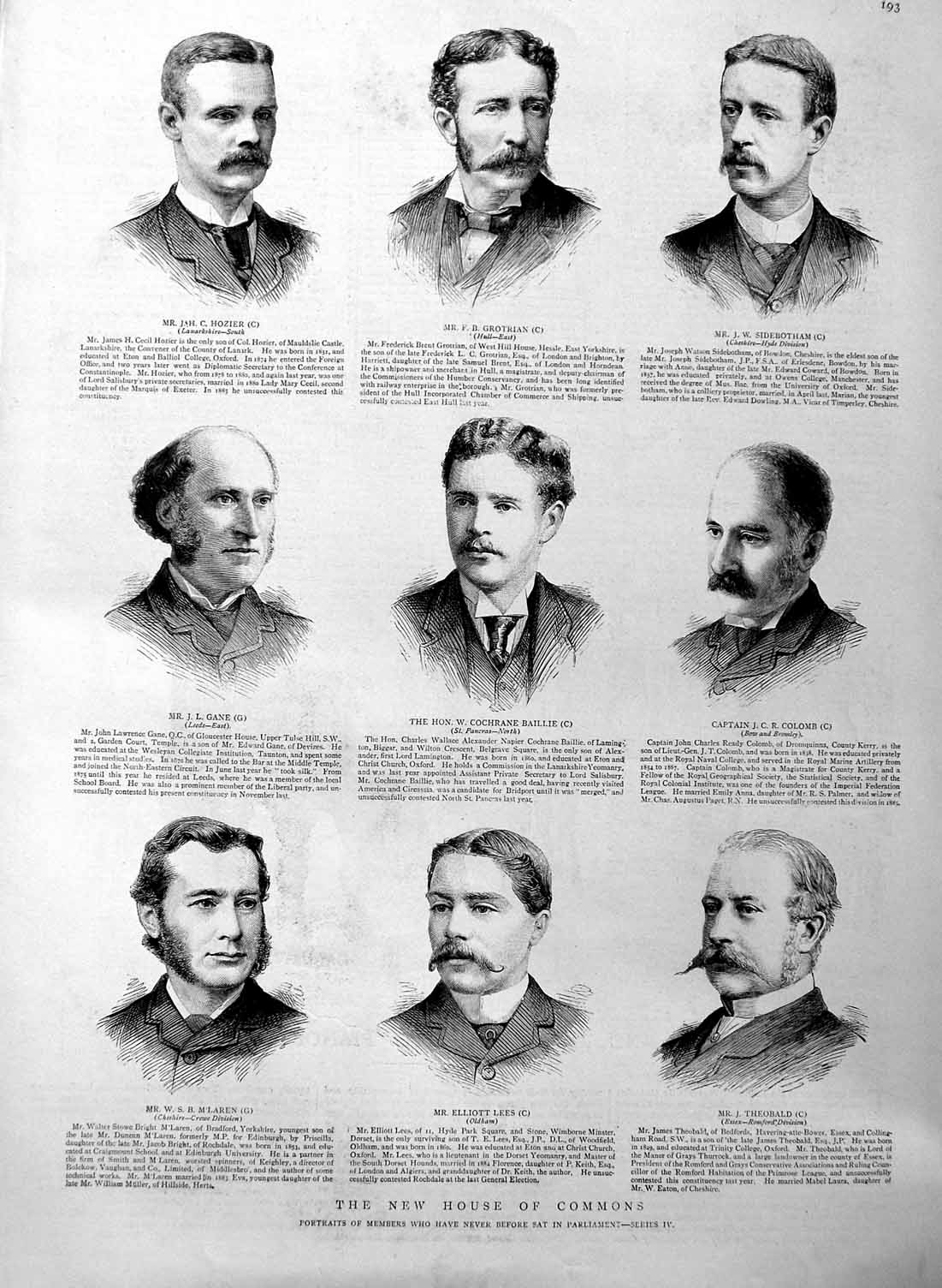 Original Old Antique Print 1886 Parliament Hozier Lees Theobals Colomb Gane Men