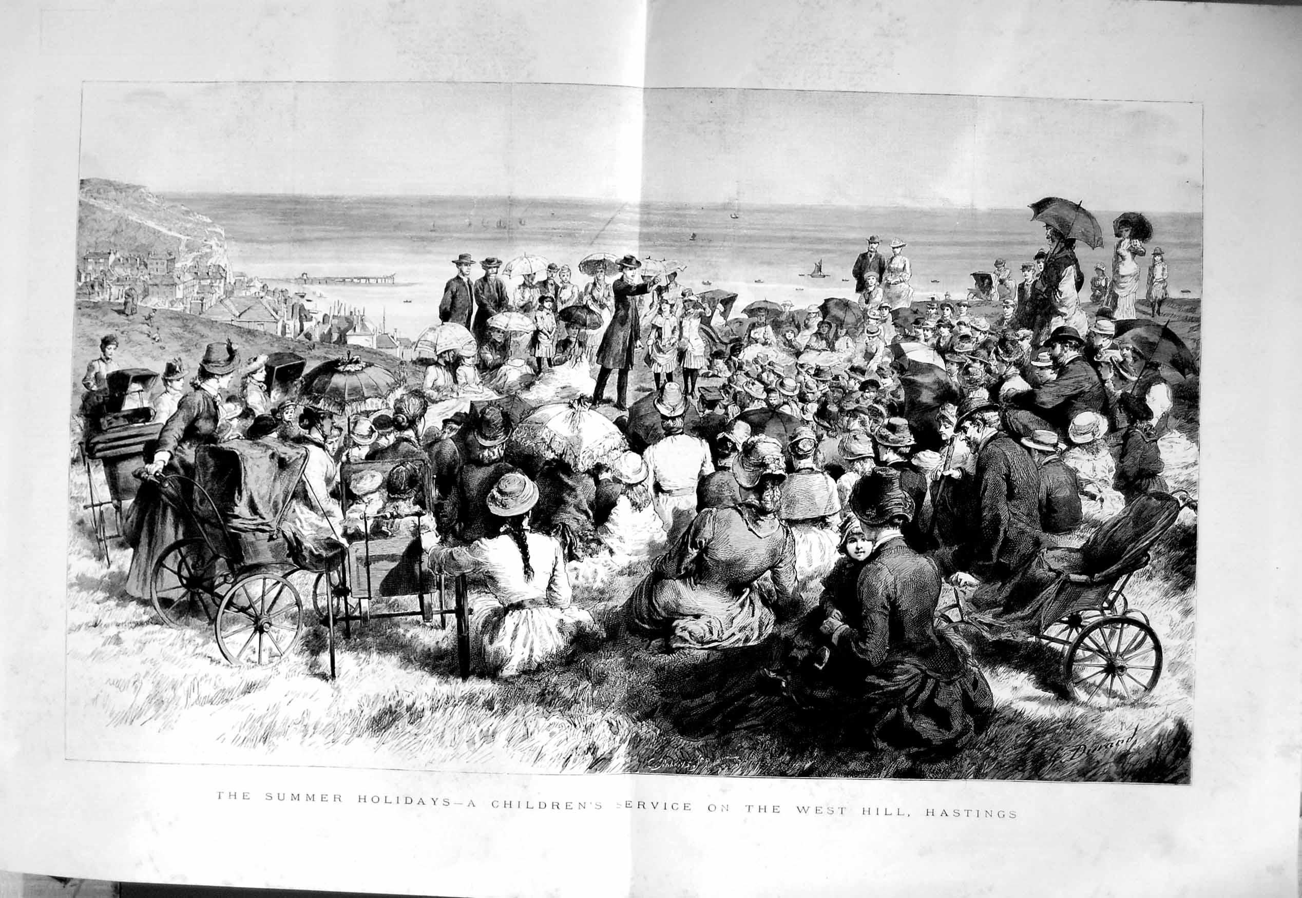 Antique Old Print 1886 Summer Holiday Children West Hill Hastings Service 19th