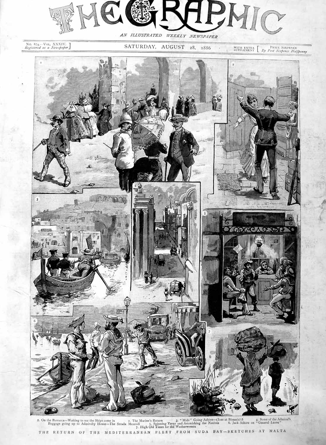 Original Old Antique Print 1886 Mediterranean Fleet Ships Suda Bay Malta B 19th