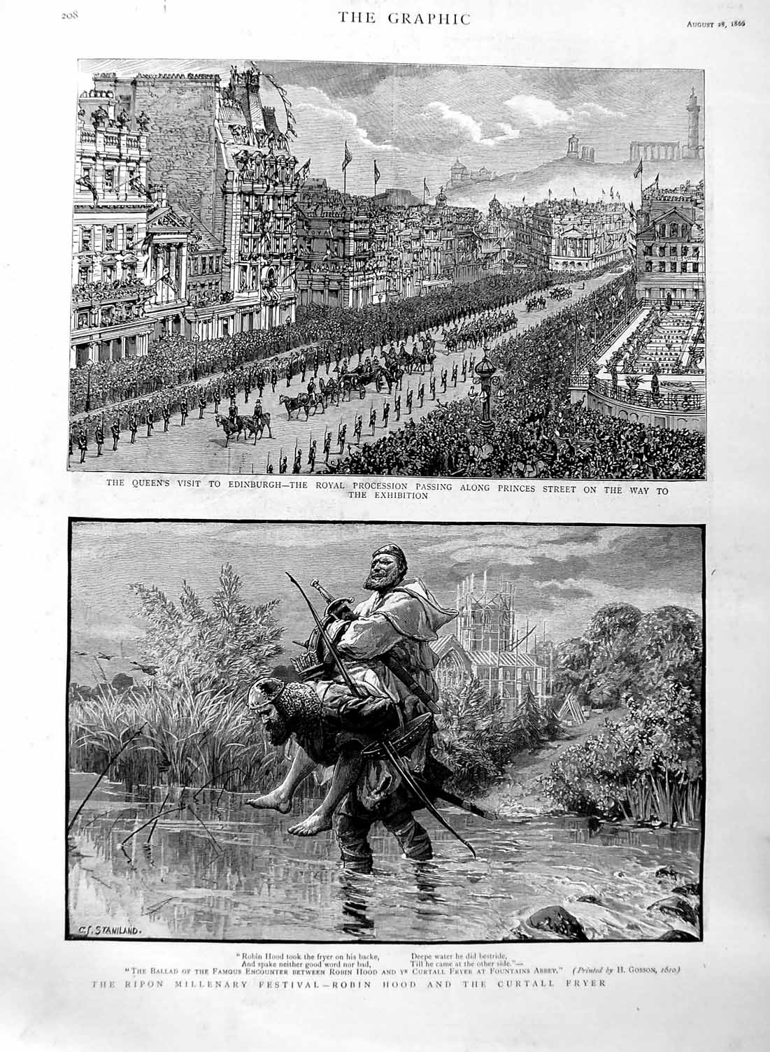 Original Old Antique Print 1886 Queen Edinburgh Ripon Festival Robin Hood Fryer