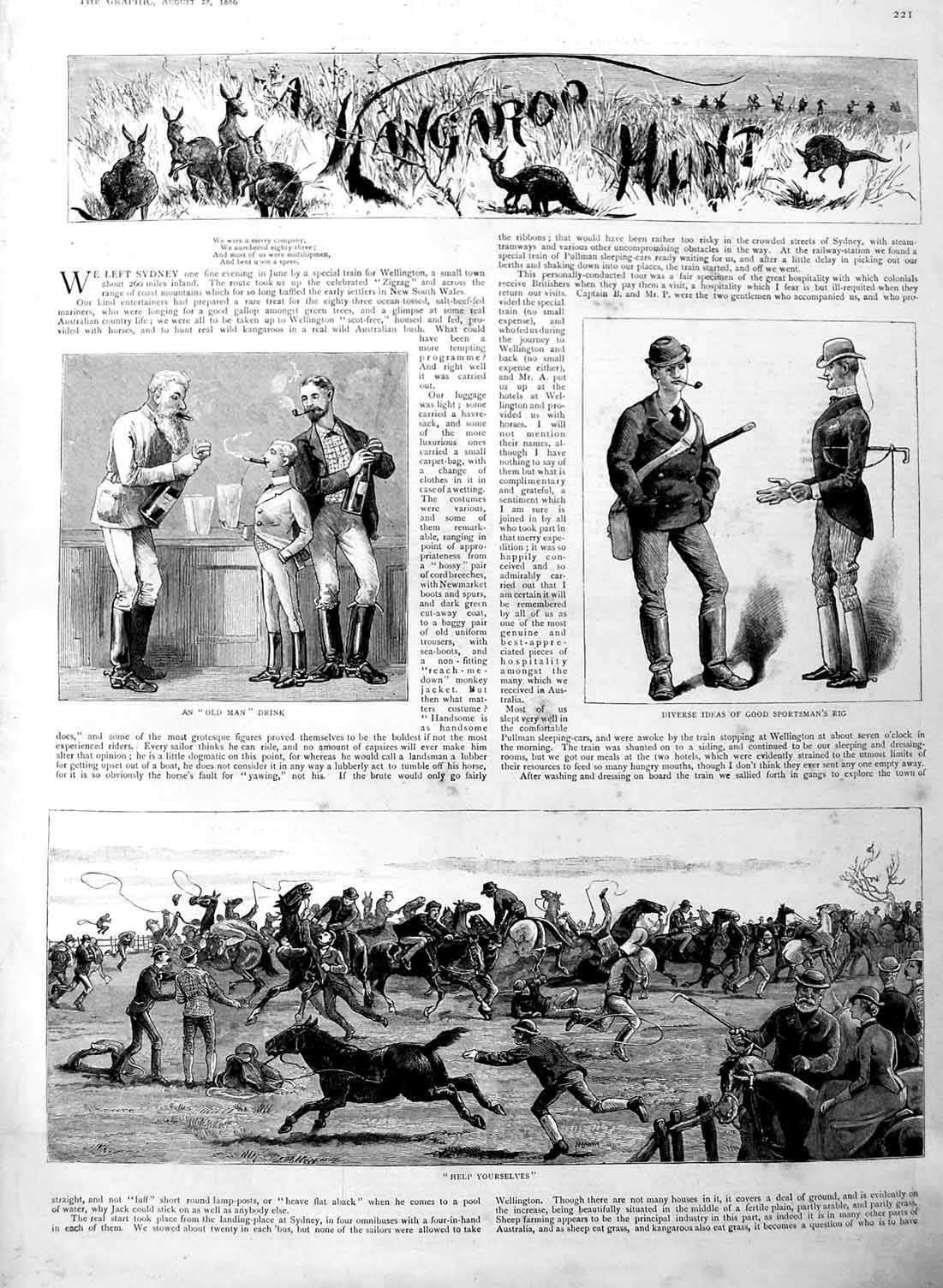 Original Old Antique Print 1886 Kangaroo Hunting Sport Horses Australia 19th