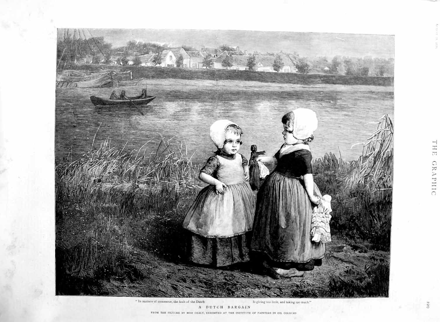Original Old Antique Print 1886 Dutch Children Holland Boat River Victorian