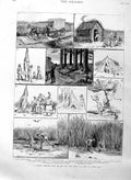 Original Old Antique Print 1886 Lady Camping Tour Loon Lake Horses Cart Cabin