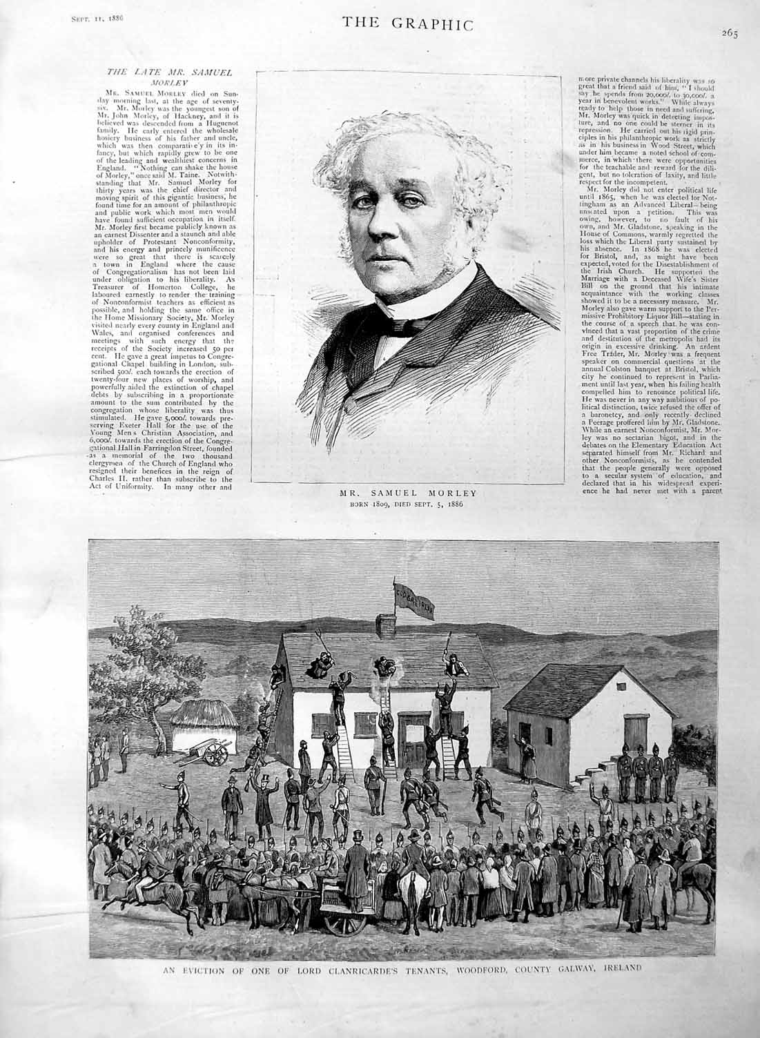 Original Old Antique Print 1886 Mr. Samuel Morley Eviction Clanricarde Ireland