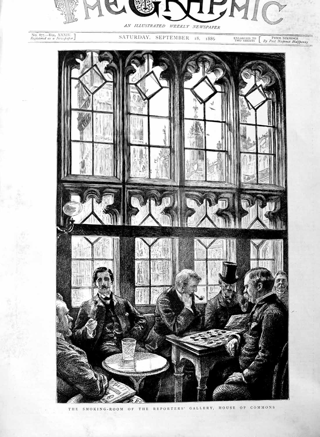 Original Old Antique Print 1886 Smoking Room Reporters Gallery House Victorian