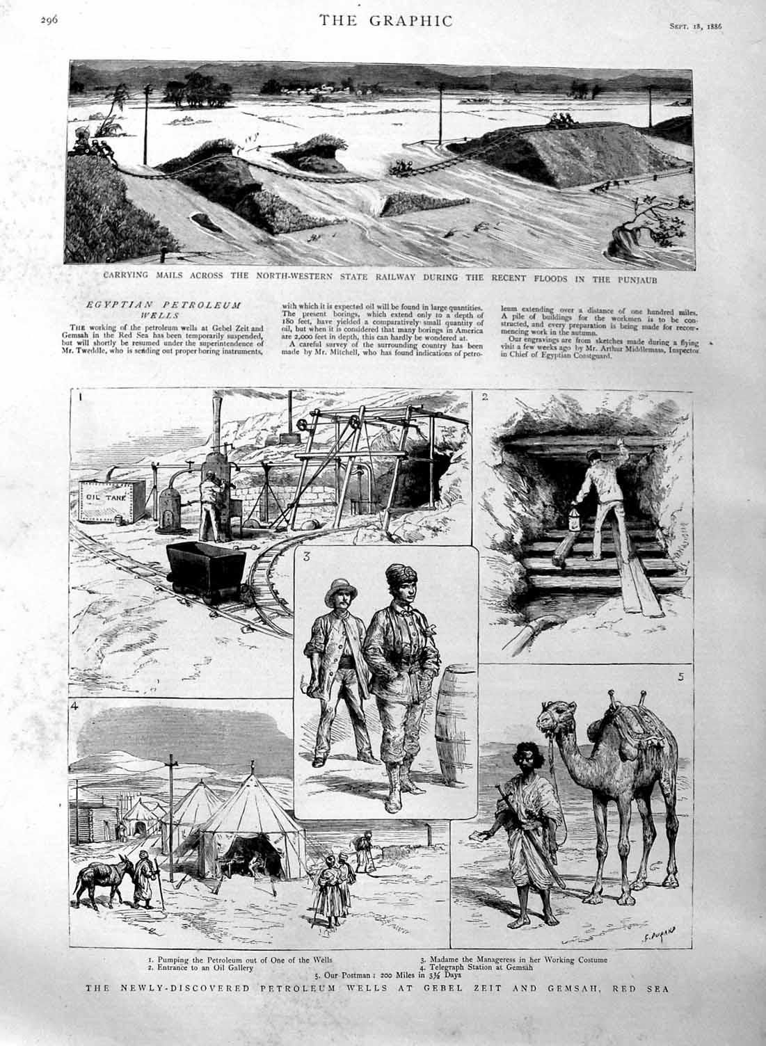 Old Antique Print 1886 Petroleum Wells Gebel Zeit Railway Punjaub Floods 19th