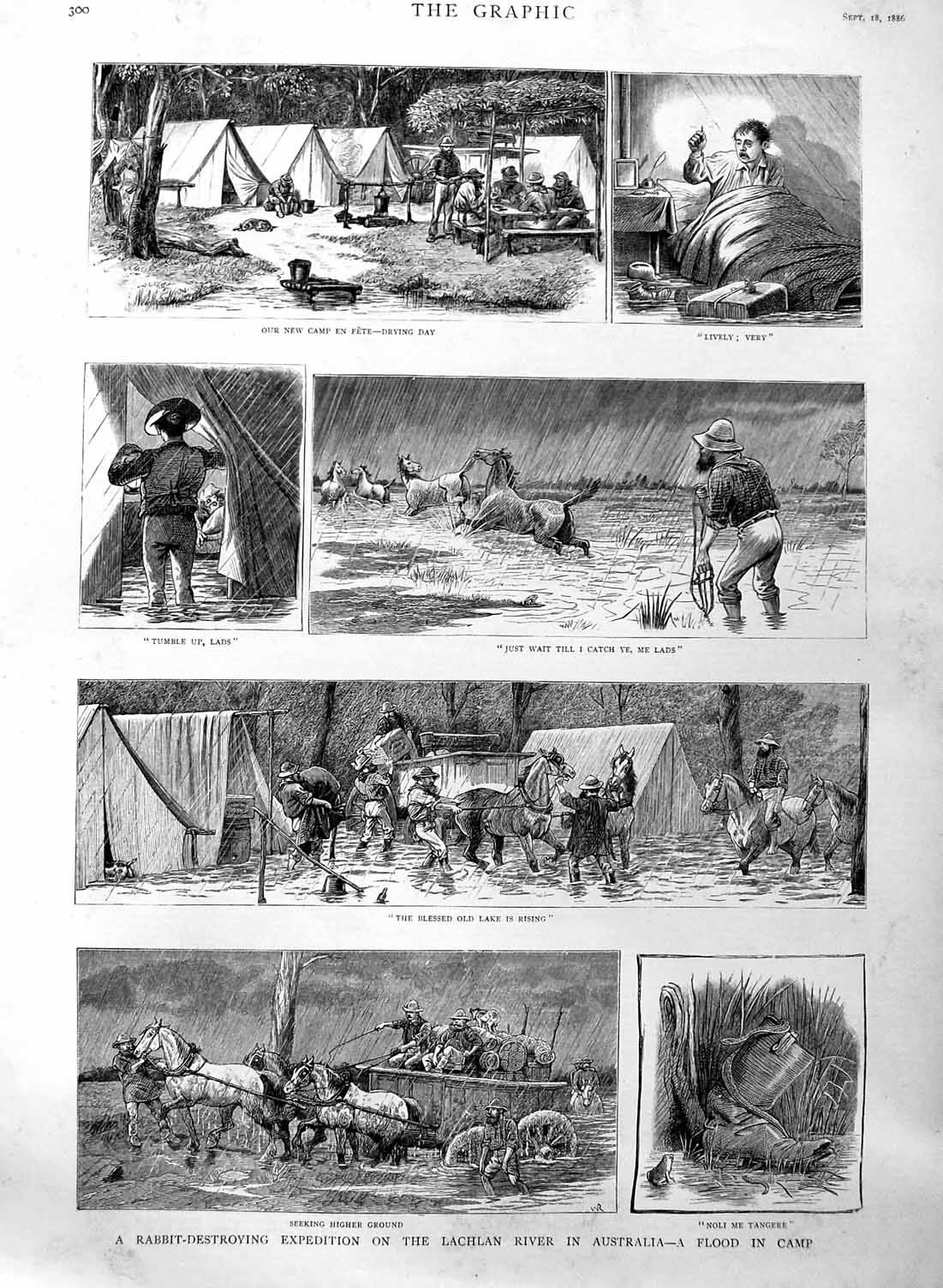Old Antique Print 1886 Rabbit Hunting Lachlan River Australia Flood Camp 19th