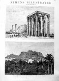 Original Old Antique Print 1886 Athens Temple Olympius Acropolis Arch Hadrian
