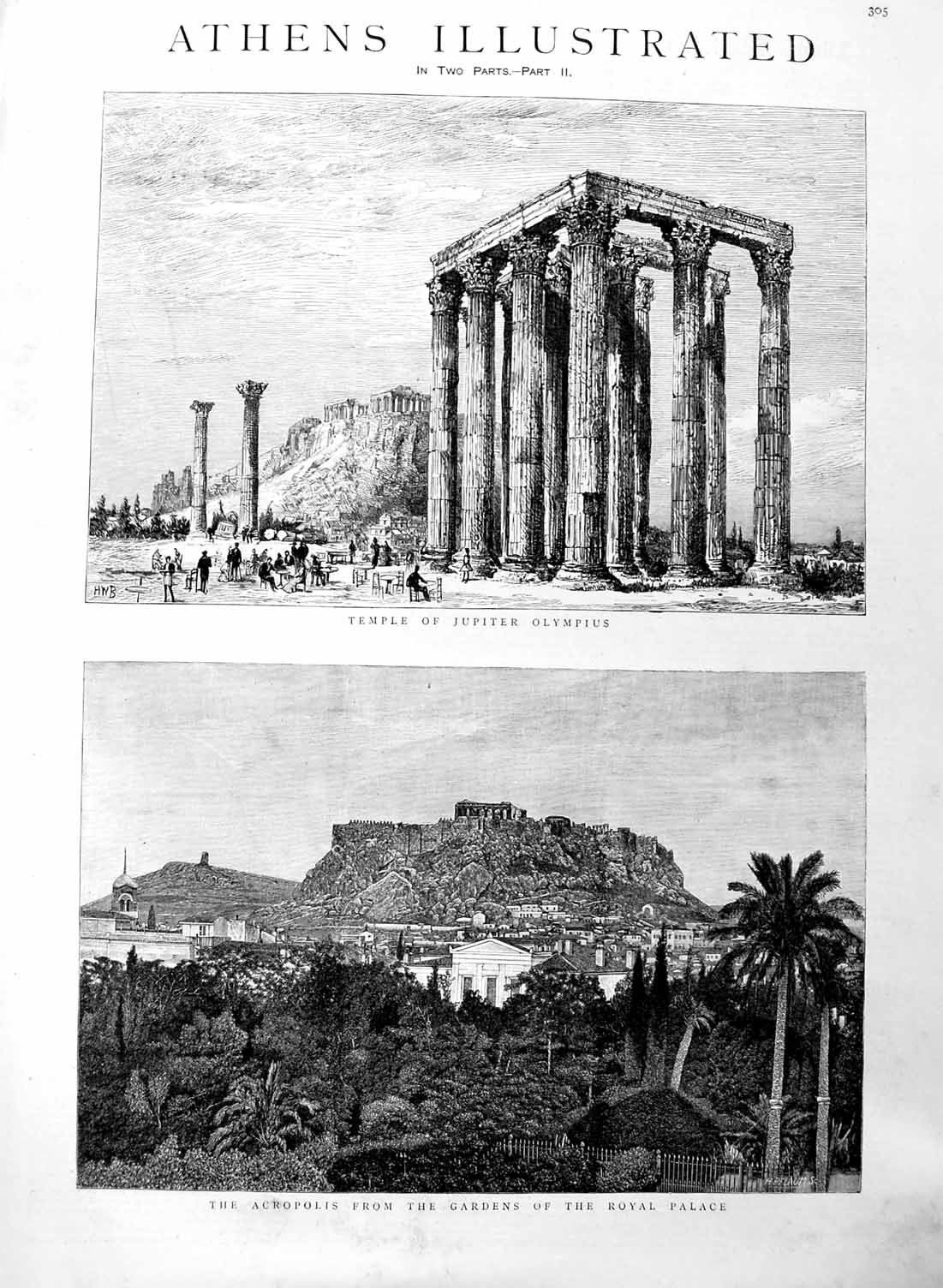 Original Old Antique Print 1886 Athens Temple Olympius Acropolis Arch Hadrian