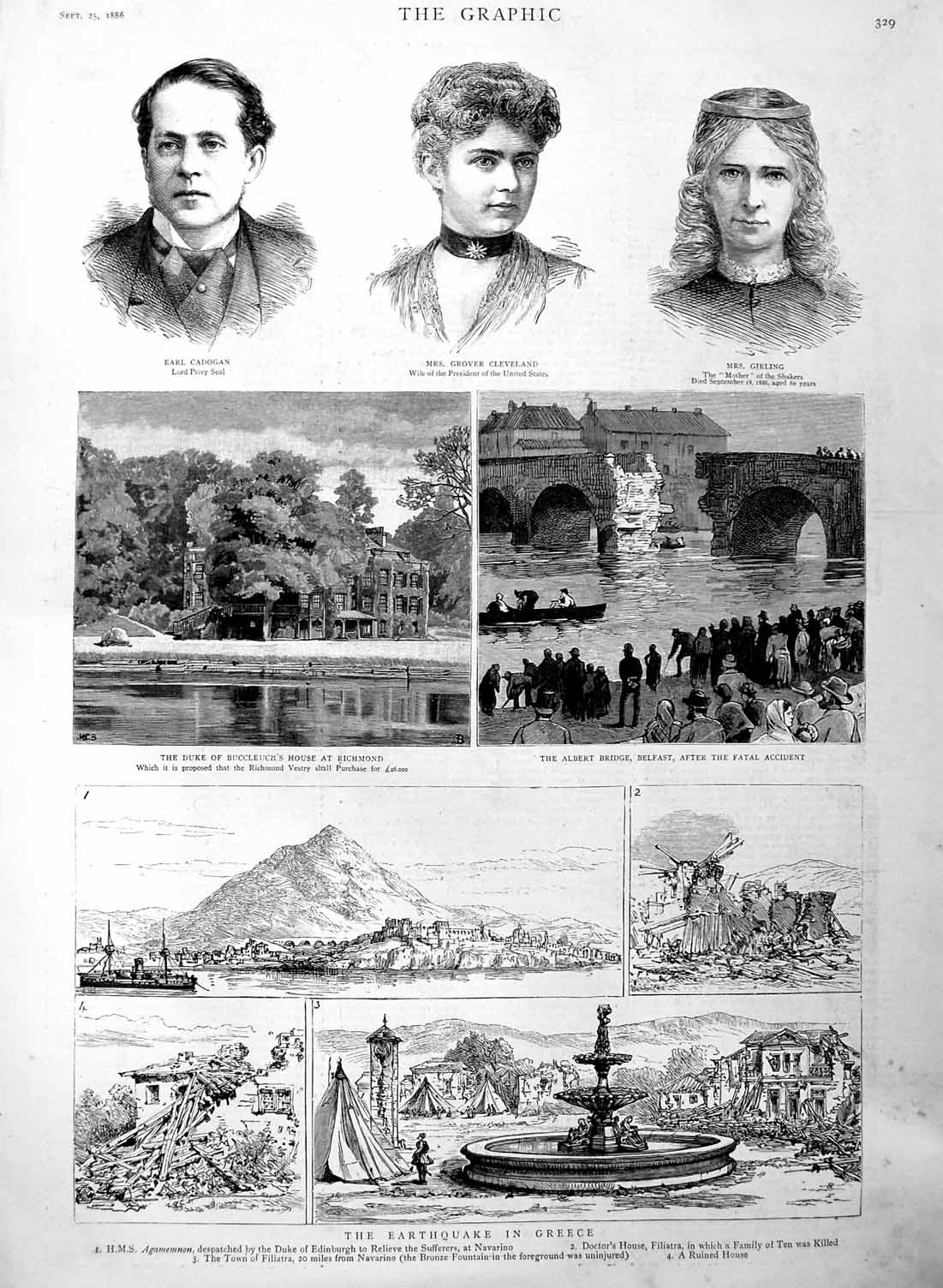 Old Antique Print 1886 Cadogan Cleveland Girling Earthquake Greece Duke 19th